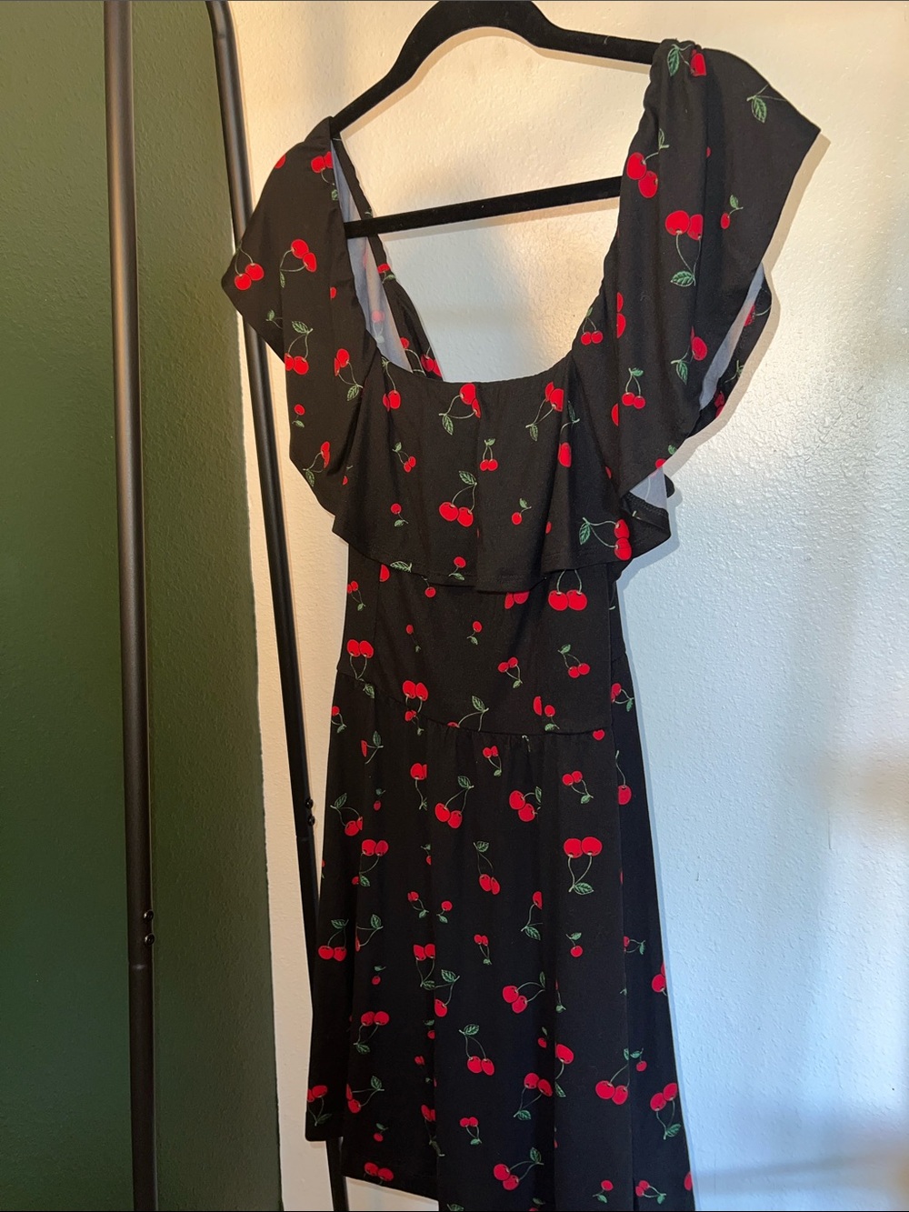 Cherry print black mini dress